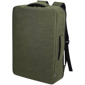 A green laptop backpack with a textured fabric, featuring a handle and padded shoulder straps. It has side pockets and a logo.