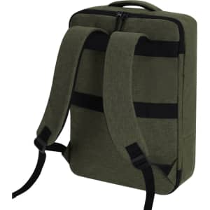 A green laptop backpack with black straps and a simple design, featuring a zip closure and a logo.
