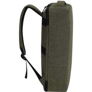 A green Ghibli Backpack with a side view, featuring a sleek design and adjustable straps. It has a logo on it.
