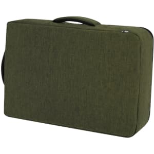 A green laptop bag with a textured fabric finish and a handle on top. It features a logo on one side.