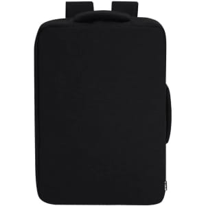 A black laptop backpack featuring two straps and a side handle. The bag has a sleek, minimalist design and branding.