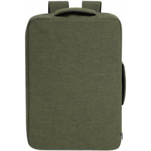 An olive green laptop backpack with two shoulder straps and a top handle, featuring a branded logo.
