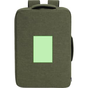 A green backpack with a textured finish and a blank rectangle on the front, featuring shoulder straps and a handle.