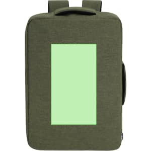 A green Ghibli backpack featuring a rectangular panel and a logo. Suitable for carrying a laptop.