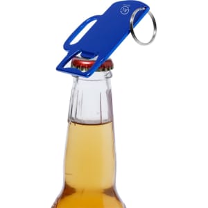 A drink bottle opener keyring in blue, designed to neatly fit atop a bottle cap. It includes a keyring attachment.
