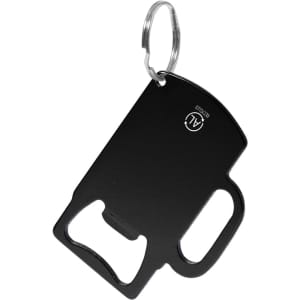 A drink bottle opener keyring in black with a circular keyring attachment. It has a simple, sleek design.