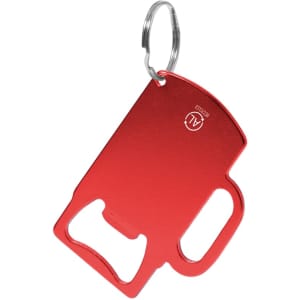 A red drink bottle opener keyring, featuring a simple design and a metal ring for attaching to keys.