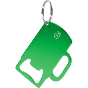 A green bottle opener keyring in the shape of a drink mug, attached to a silver keyring.