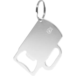 A drink bottle opener keyring in silver with a keyring attachment. Features a handle design for easy use.