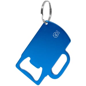 A blue bottle opener keyring featuring a mug design and attached keyring. It has a logo on one side.