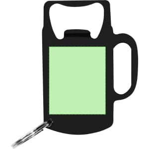 A drink bottle opener keyring shaped like a beer mug, featuring a black exterior and a light green interior.