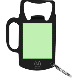 A drink bottle opener keyring in black with a green section and a keyring attachment. Features a branding logo.