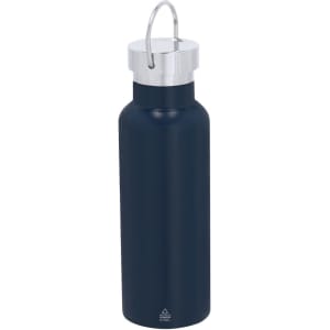 A drink bottle in navy blue with a silver cap and a loop handle. It has a logo on the front.