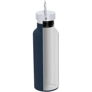 A drink bottle featuring a navy blue and clear design with a silver cap and a convenient carrying loop.