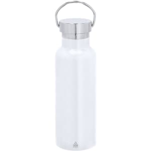 A drink bottle in sleek white with a stainless steel lid and a handle, featuring a branding logo.
