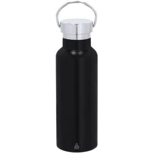 A drink bottle in matte black with a silver cap and a handle, featuring a logo.