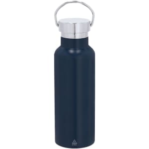 A drink bottle in navy blue with a silver lid and a carry handle. It features a logo on the surface.