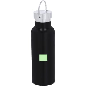 A drink bottle in black with a silver lid and a logo, featuring a small mint green square on the body.