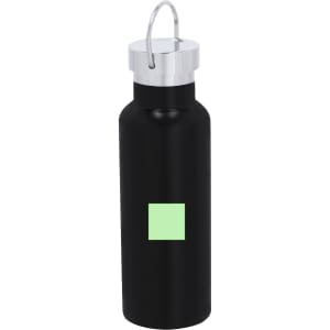 A drink bottle in matte black with a silver lid and a small green square design. It features a carrying loop.