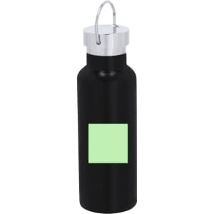 A drink bottle with a black stainless steel finish and a silver lid, featuring an empty green label.
