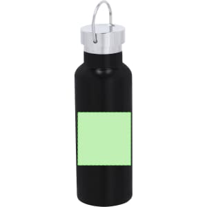 A drink bottle in black with a silver cap and a blank green label on its front. It features a loop for easy carrying.