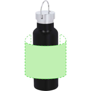 A drink bottle in matte black with a silver lid and a green band for custom branding.