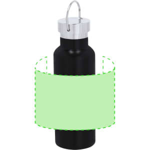 A drink bottle in black with a silver lid and a green label, featuring a hook for attachment.