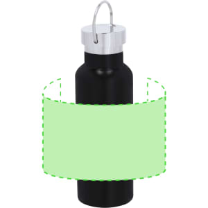 A drink bottle in black with a silver cap and a handle, featuring a blank label area for branding.