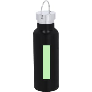 A drink bottle featuring a sleek black design with a silver lid and a green accent. It has a branded logo.