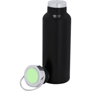 A drink bottle in matte black with a silver cap and a screw-on lid. It has a logo on the side.