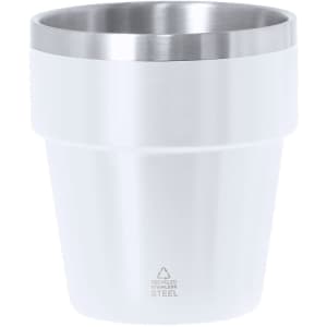 A drink bottle in white with a stainless steel top, featuring a logo. Suitable for thermal beverages.