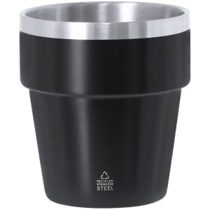 A drink bottle in a black finish with a stainless steel rim, featuring a tapered, pot-like design and a logo.