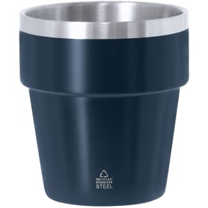 A drink bottle in navy blue with a stainless steel top and a logo, shaped like a plant pot.