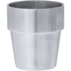 A drink bottle in a sleek, stainless steel design, featuring a modern pot shape and a shiny, silver finish.
