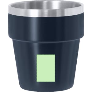 A drink bottle shaped like a pot, featuring a navy exterior and a stainless steel rim. It has a logo on the front.