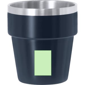A drink bottle in navy blue with a stainless steel rim and a small green square on the front.