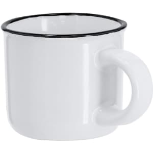 A white coffee mug with a black rim and a sturdy handle, featuring a logo on the side.