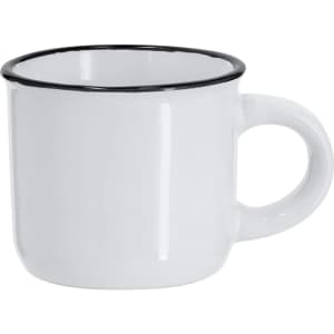 A white sublimation coffee mug with a black rim and handle, featuring a simple design and no visible branding.