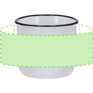 A coffee mug in white with a black rim, featuring a circular design and a placeholder for branding or text.
