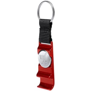 A red keyring coin holder with a black strap and a circular logo, designed for easy access to coins.