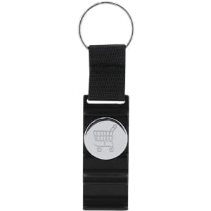A black keyring with a silver circular coin featuring a shopping cart design and a fabric loop.