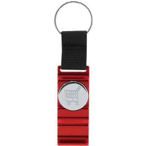 A red keyring coin holder with a black fabric strap and a circular button featuring a shopping cart icon.