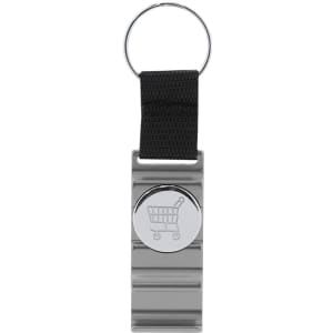 A silver keyring with a black strap and a circular button featuring a shopping cart design.