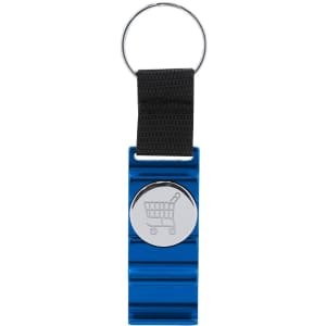 A blue keyring with a silver coin attachment and a black fabric loop, featuring a shopping cart logo.