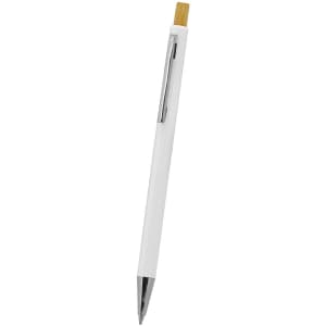 A wooden pen with a white barrel and a wooden end, featuring a silver clip and a logo.