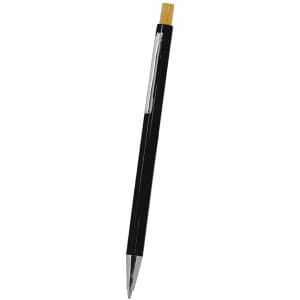 A black wooden pen with a silver clip and a bamboo tip. The pen has a sleek design and features branding.