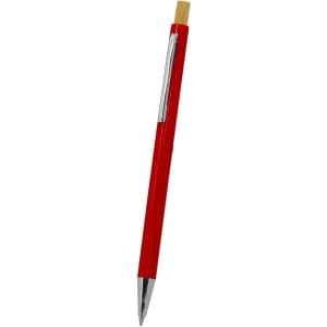 A red wooden pen with a silver clip and a wooden tip. It features a logo on the barrel.