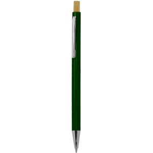 A green wooden pen with a bamboo top and a silver clip, featuring a logo.