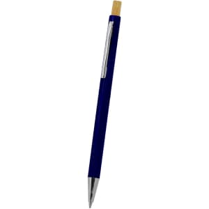 A blue wooden pen with a silver clip and a light wooden tip. It features a logo on the body.