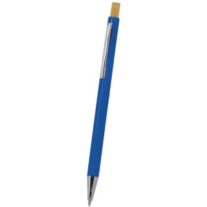 A blue wooden pen with a silver clip and a natural wood accent at the top. It features a logo.